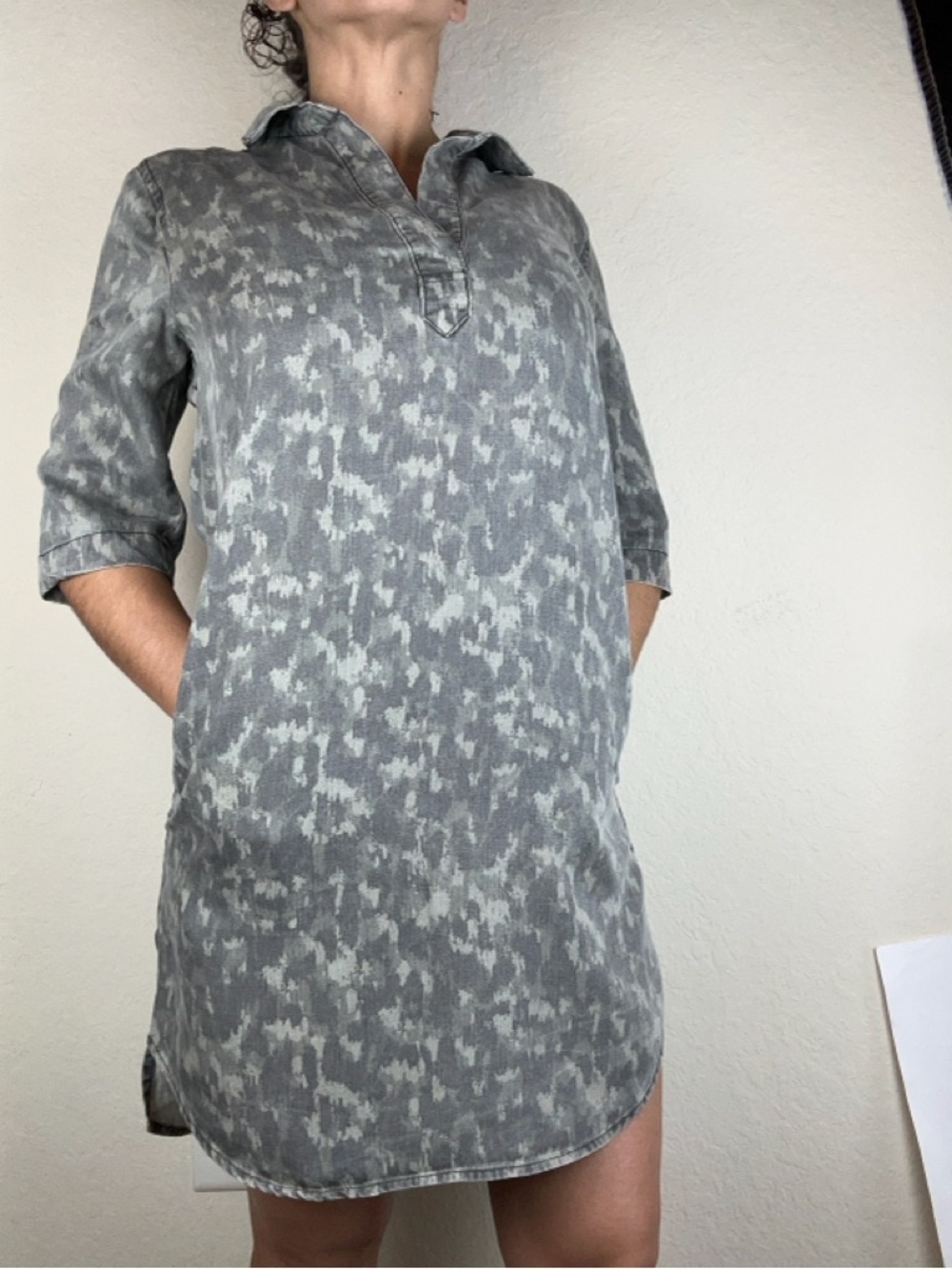 FINAL SALE! Philosophy Green Camo Tunic Dress S Tencel V-Neck Pockets Casual